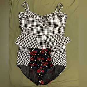 Torrid Gingham/Floral Peplum Tankini Top & Ruched Bottom Swim Size 3